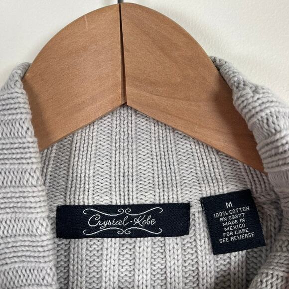 Crystal Kobe Light Gray Ribbed Cable Knit Mock Neck Cotton Sweater Women Size M - Picture 3 of 9